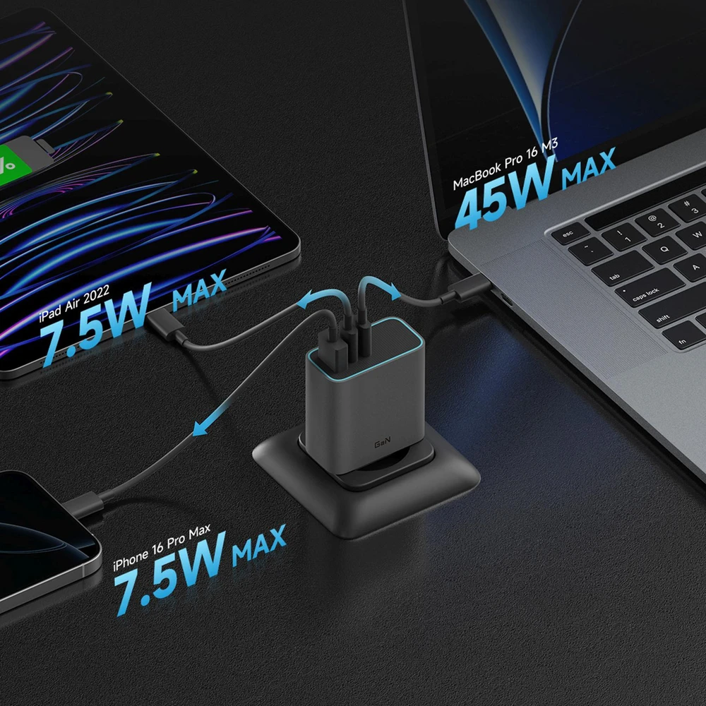 Cuktech CUKAD653EUGR 65W GaN Wall Charger 2 x USB-C 1 x USB-A – pilkos spalvos