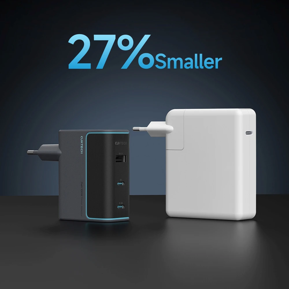 Cuktech CUKAD1003EUG GaN 100W laidinis įkroviklis 2 x USB-C 1 x USB-A su USB-C kabeliu – pilkos spalvos