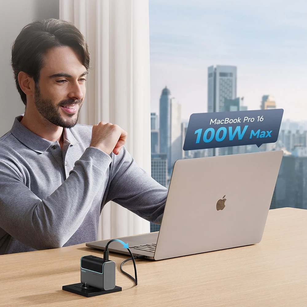 Cuktech CUKAD1003EUG GaN 100W laidinis įkroviklis 2 x USB-C 1 x USB-A su USB-C kabeliu – pilkos spalvos