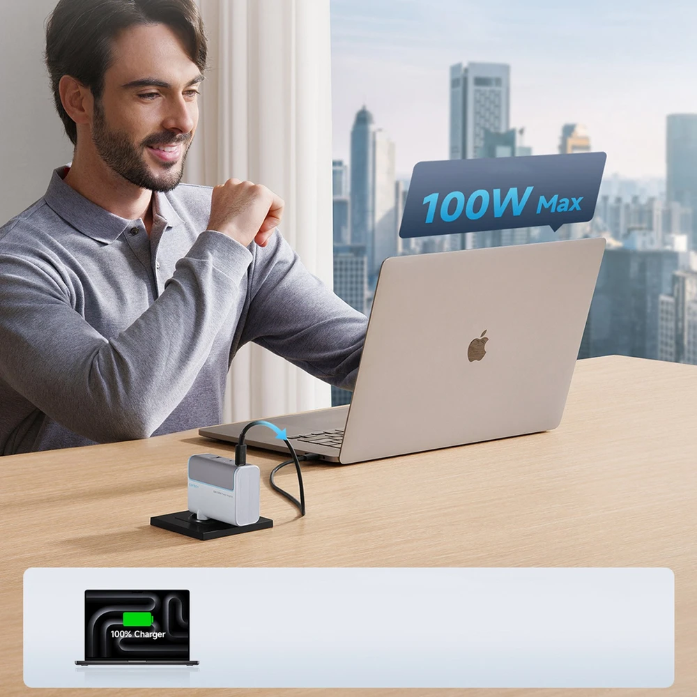 Cuktech AD1003EU 100W GaN 2x USB-C + USB-A sieninis įkroviklis su laidu - Baltas