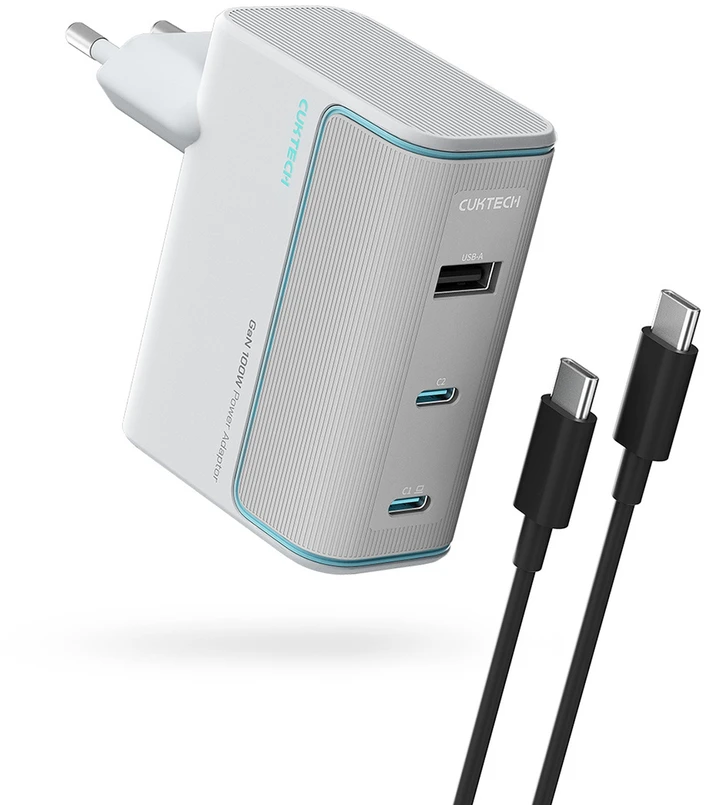 Cuktech AD1003EU 100W GaN 2x USB-C + USB-A sieninis įkroviklis su laidu - Baltas