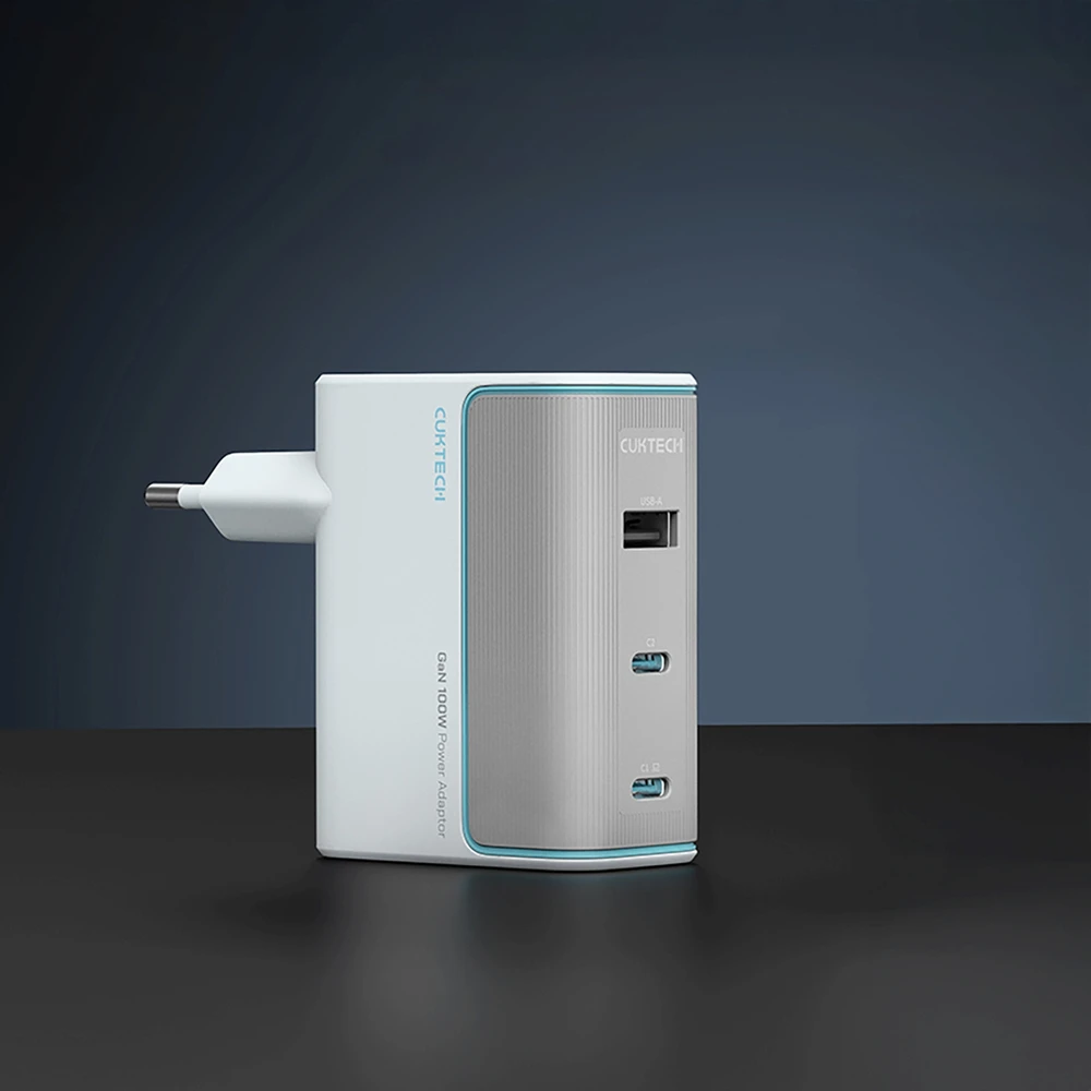 Cuktech AD1003EU 100W GaN 2x USB-C + USB-A sieninis įkroviklis su laidu - Baltas