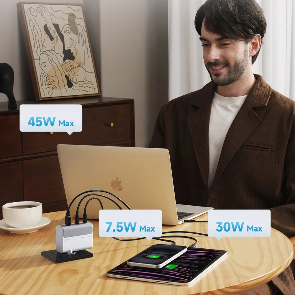 Cuktech AD1003EU 100W GaN 2x USB-C + USB-A sieninis įkroviklis su laidu - Baltas