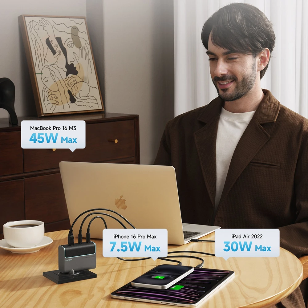 Cuktech CUKAD1003EUG GaN 100W laidinis įkroviklis 2 x USB-C 1 x USB-A su USB-C kabeliu – pilkos spalvos