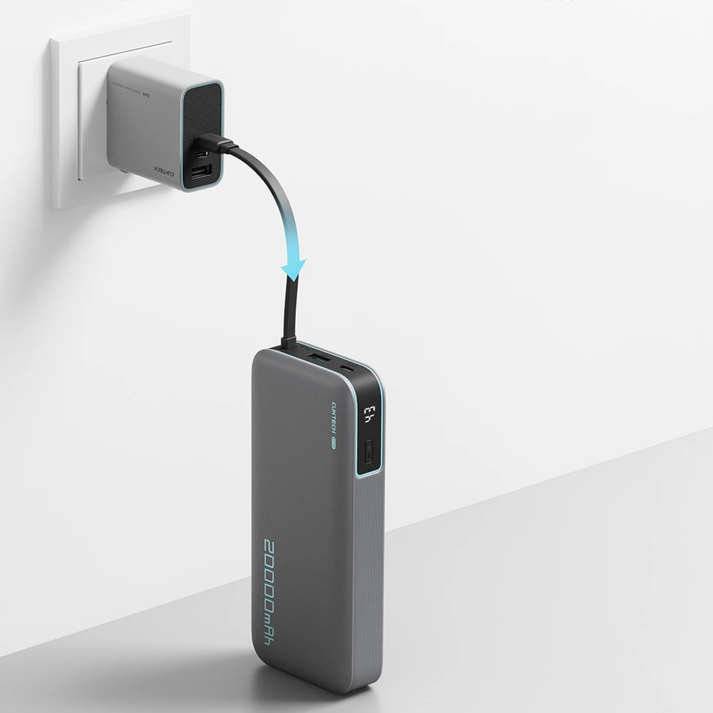 Cuktech CUKP200NGLDG 55W 20000mAh išorinė baterija su integruotu USB-C laidu – pilkos spalvos