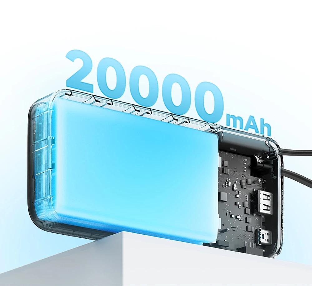 Cuktech CUKP200NGLDG 55W 20000mAh išorinė baterija su integruotu USB-C laidu – pilkos spalvos