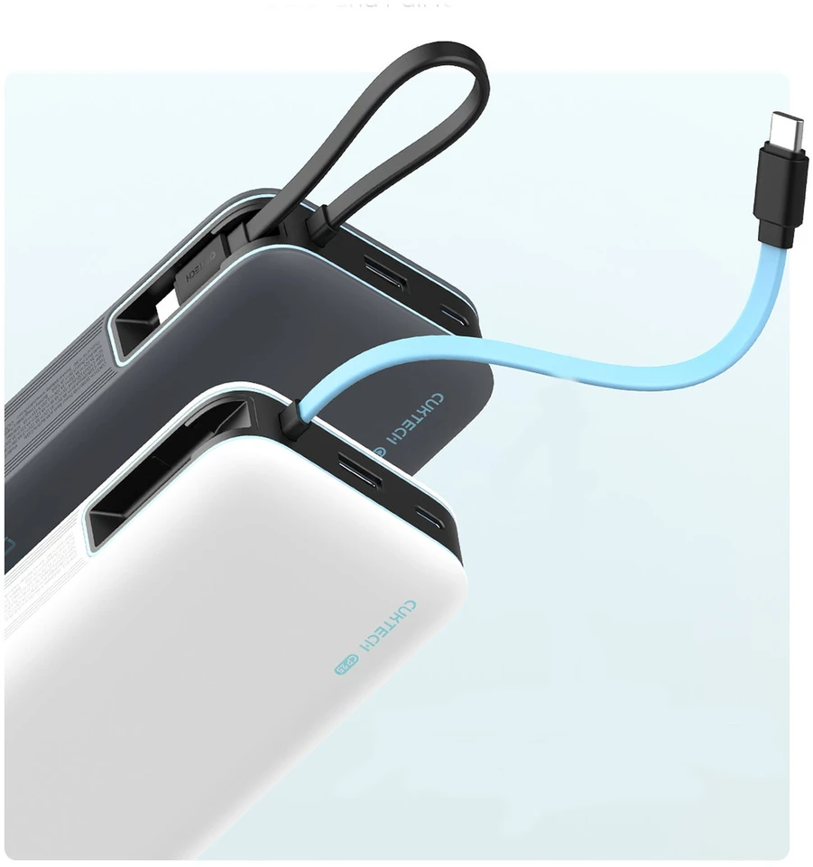 Cuktech CUKP200NGLLG 55W 20000mAh išorinė baterija su integruotu USB-C laidu - Baltas