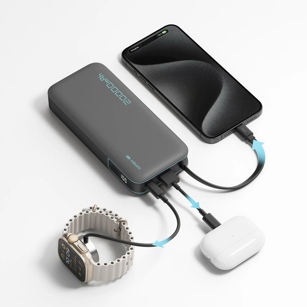 Cuktech CUKP200NGLDG 55W 20000mAh išorinė baterija su integruotu USB-C laidu – pilkos spalvos