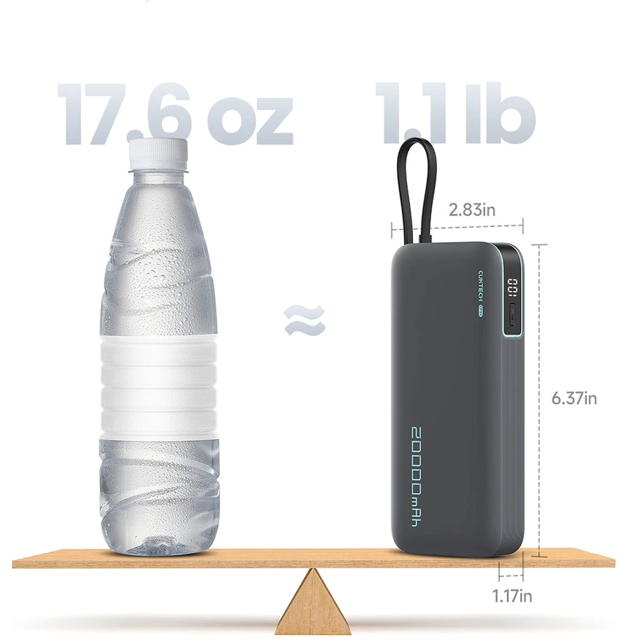 Cuktech CUKP200NGLLG 55W 20000mAh išorinė baterija su integruotu USB-C laidu - Baltas