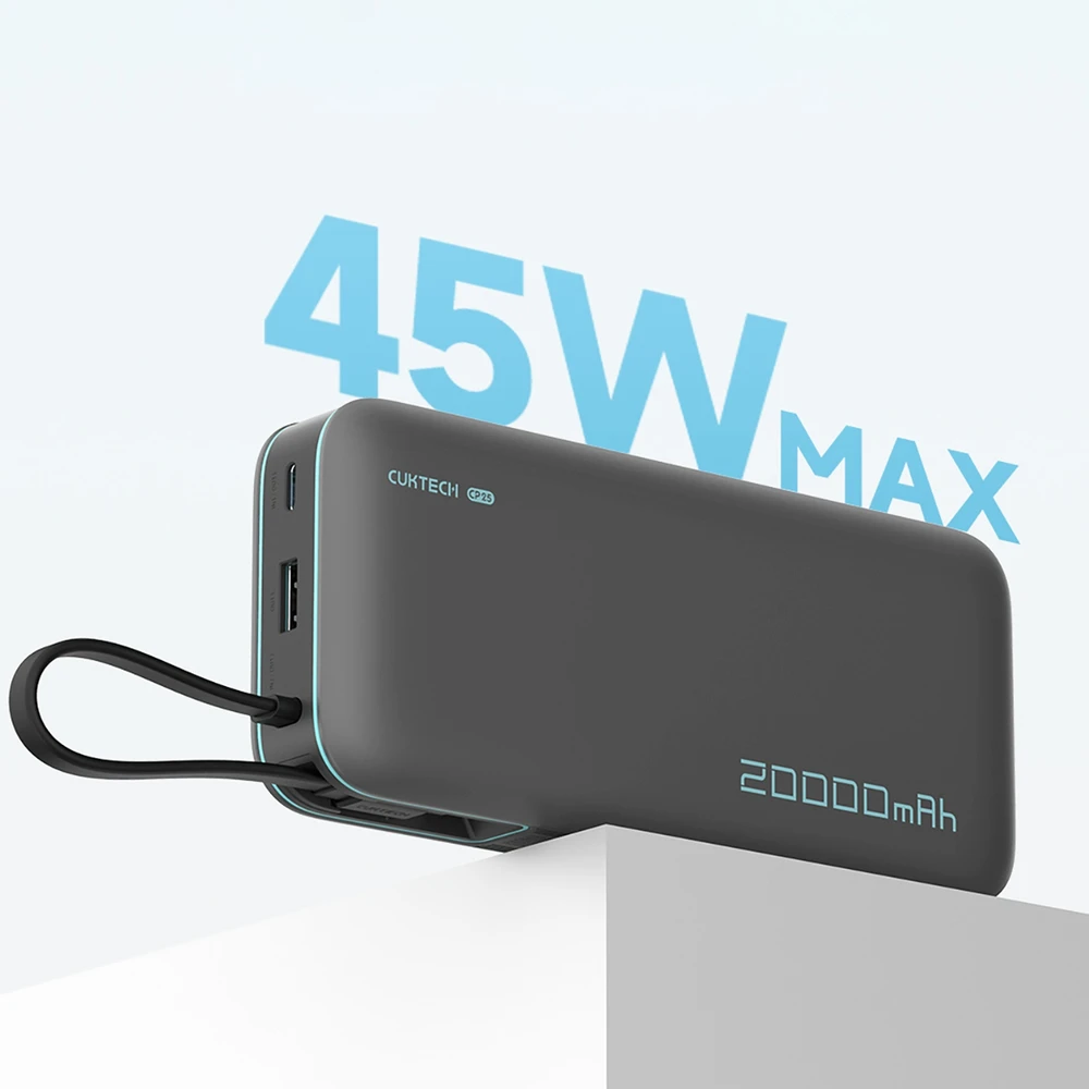 Cuktech CUKP200NGLDG 55W 20000mAh išorinė baterija su integruotu USB-C laidu – pilkos spalvos
