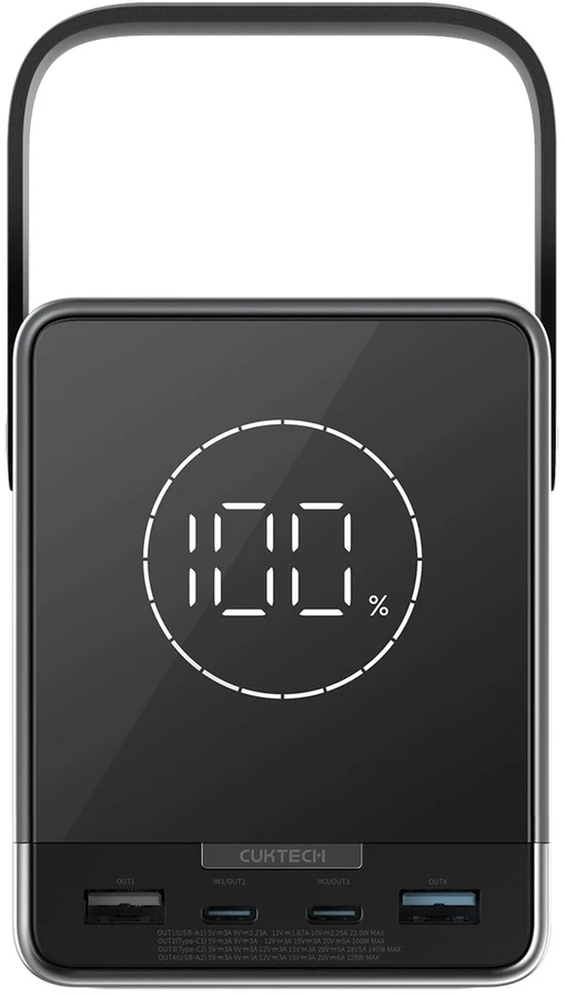 Cuktech išorinė baterija 300W 40000mAh su belaidžiu įkrovimu 2x USB-C + 2x USB-A - Juodas