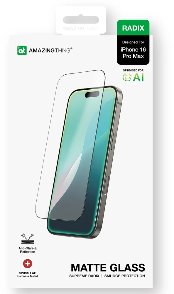 „AmazingThing Radix“ matinis grūdintas stiklas, skirtas „iPhone 16 Pro Max“.