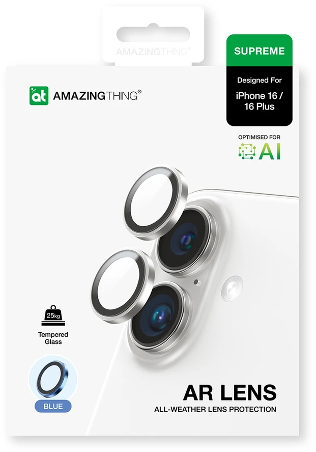 „AmazingThing AR“ aliuminio 2 objektyvų stiklas su kameros objektyvo rėmeliu, skirtas „iPhone 16 / 16 Plus“ - Mėlyna