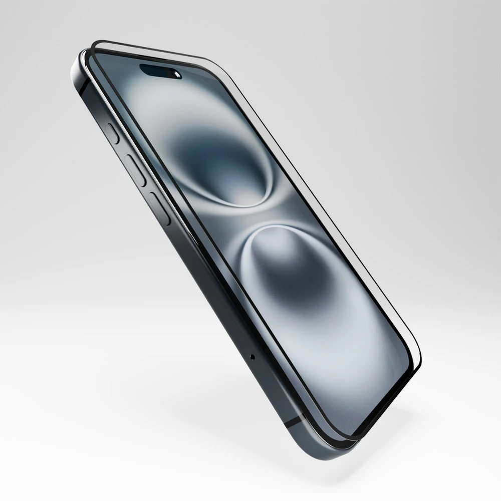 Hibridinė ekrano apsauga Puro Flexible Glass D3O su juodu rėmeliu Apple iPhone 16 / iPhone 15 / iPhone 15 Pro