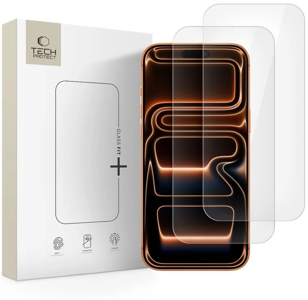 „Tech-Protect Glass Fit+“ 2 grūdinto stiklo pakuotė, skirta „iPhone 16 Pro / 17 / 17 Pro“ – skaidri