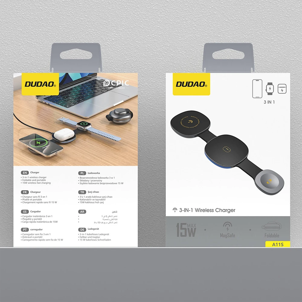 Dudao A11S 3-in-1 Wireless Charger Compatible with MagSafe Išmanusis telefonas Išmanusis laikrodis Headphones - Juodas