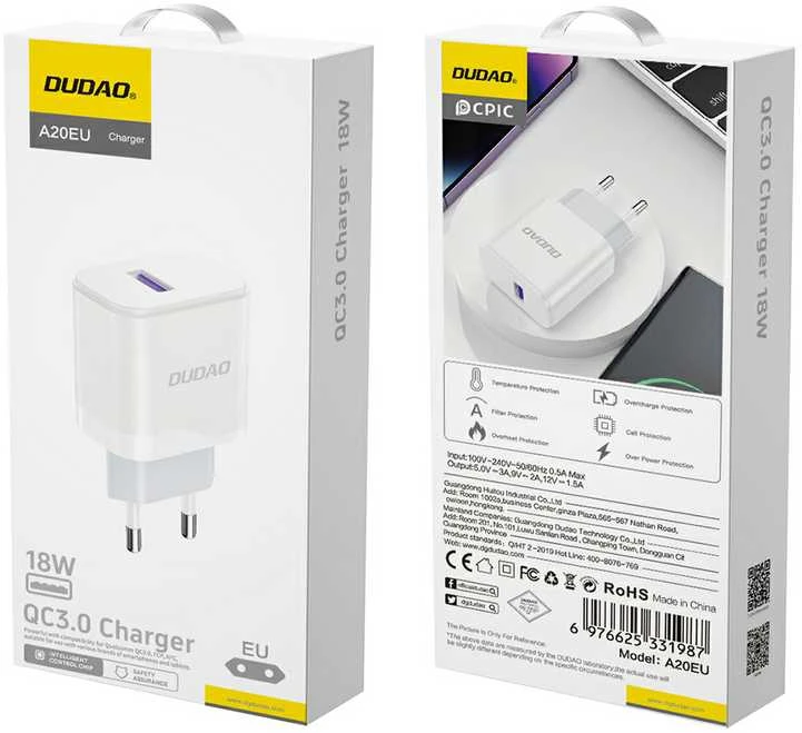 Dudao A20EU USB-A 18W network įkroviklis – baltos spalvos
