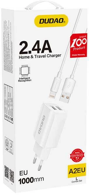 Sieninis įkroviklis Dudao A2EUL 2x USB su Lightning kabeliu (baltas)