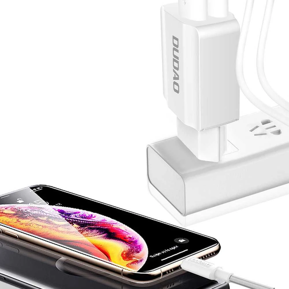 Sieninis įkroviklis Dudao A2EUL 2x USB su Lightning kabeliu (baltas)