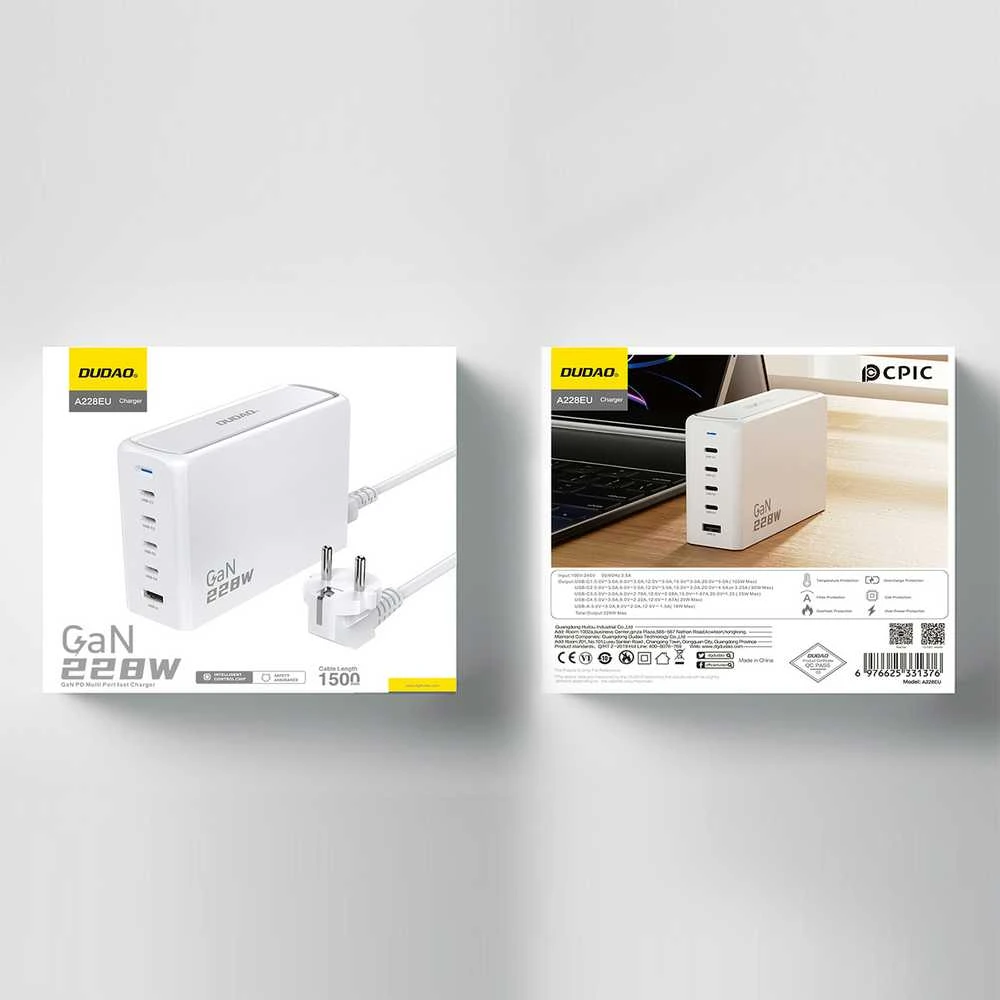 Dudao A228EU GaN įkroviklis 1x USB-A 4x USB-C PD 228W - baltos spalvos