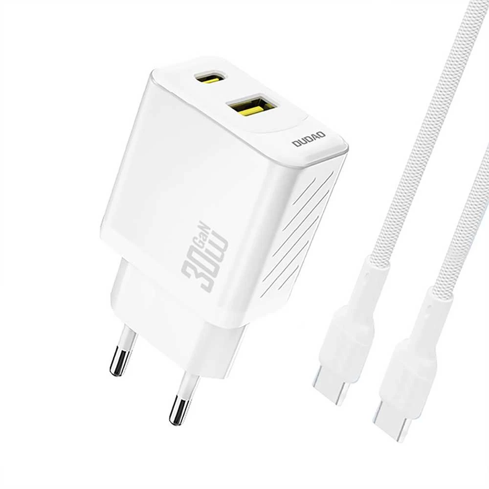 Dudao A27TCEU PD 30W GaN USB-A USB-C sieninis įkroviklis su USB-C laidu - Baltas