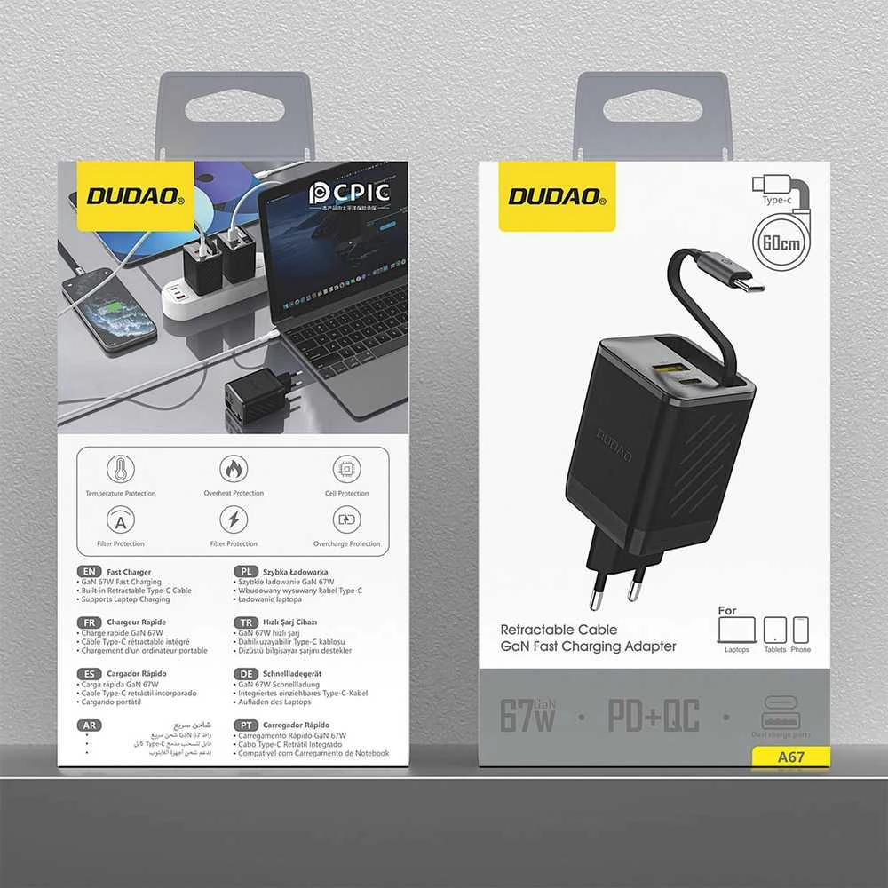 Dudao A67EU GaN 67W sieninis įkroviklis su integruotu ištraukiamu USB-C maitinimo laidu greitam įkrovimui - Juodas