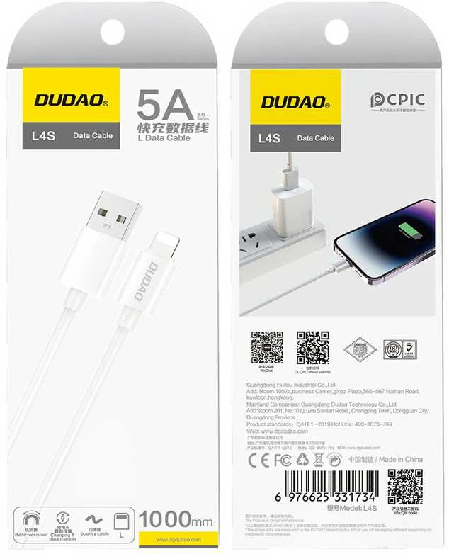 USB kabelis Dudao (L4SL) lightning (2A) baltas (1m)