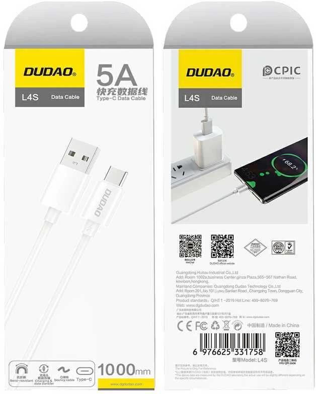 USB kabelis Dudao (L4ST) type-C (2A) baltas (1m)