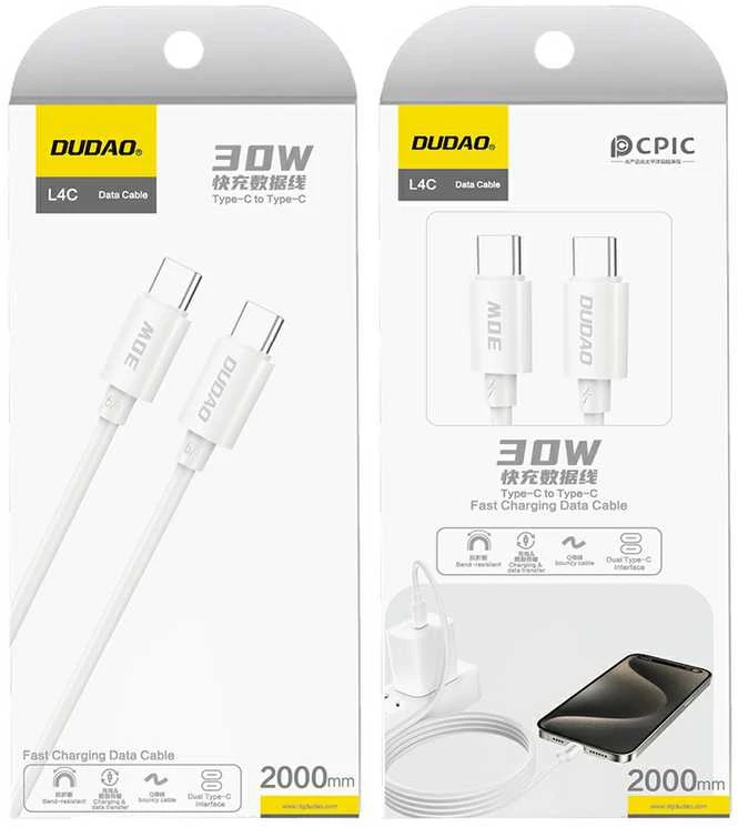 Dudao L4C USB-C / USB-C 30W kabelis 1.2m – baltos spalvos