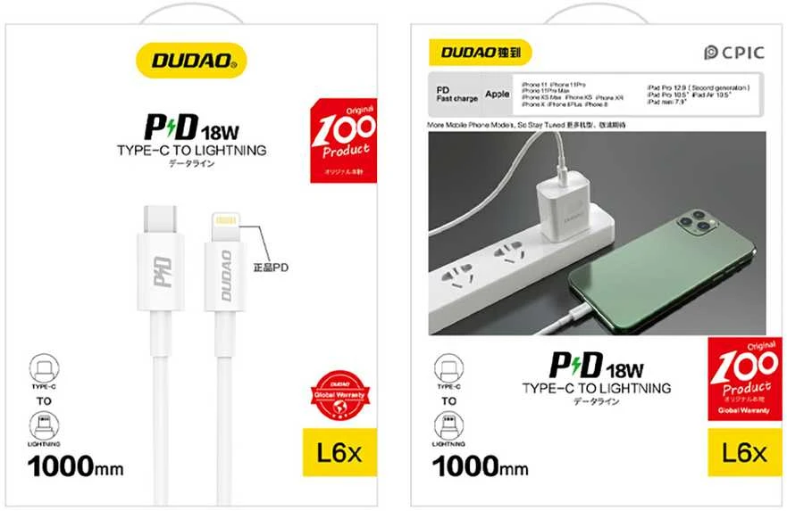 Dudao L6X USB-C – Lightning PD 20W 1m kabelis – baltos spalvos
