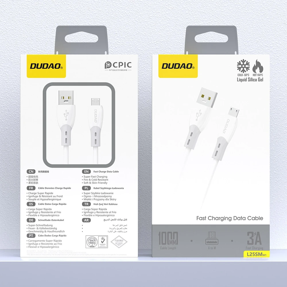 Dudao L25SM 3 A USB-A - micro USB kabelis su minkštu silikoniniu apvadu 1 m - baltas