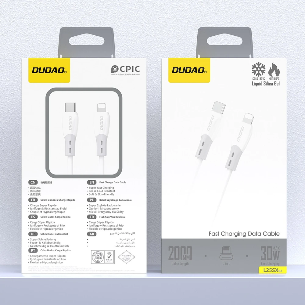 Dudao L25SX 30W USB-C - Lightning kabelis su minkštu silikoniniu apvadu 2m - Baltas