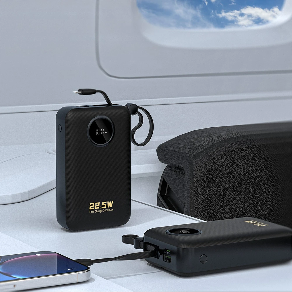 Dudao K14+ išorinė baterija 20000mAh 22.5W USB-C / USB-A / integruoti „Lightning“ ir USB-C laidai – juoda