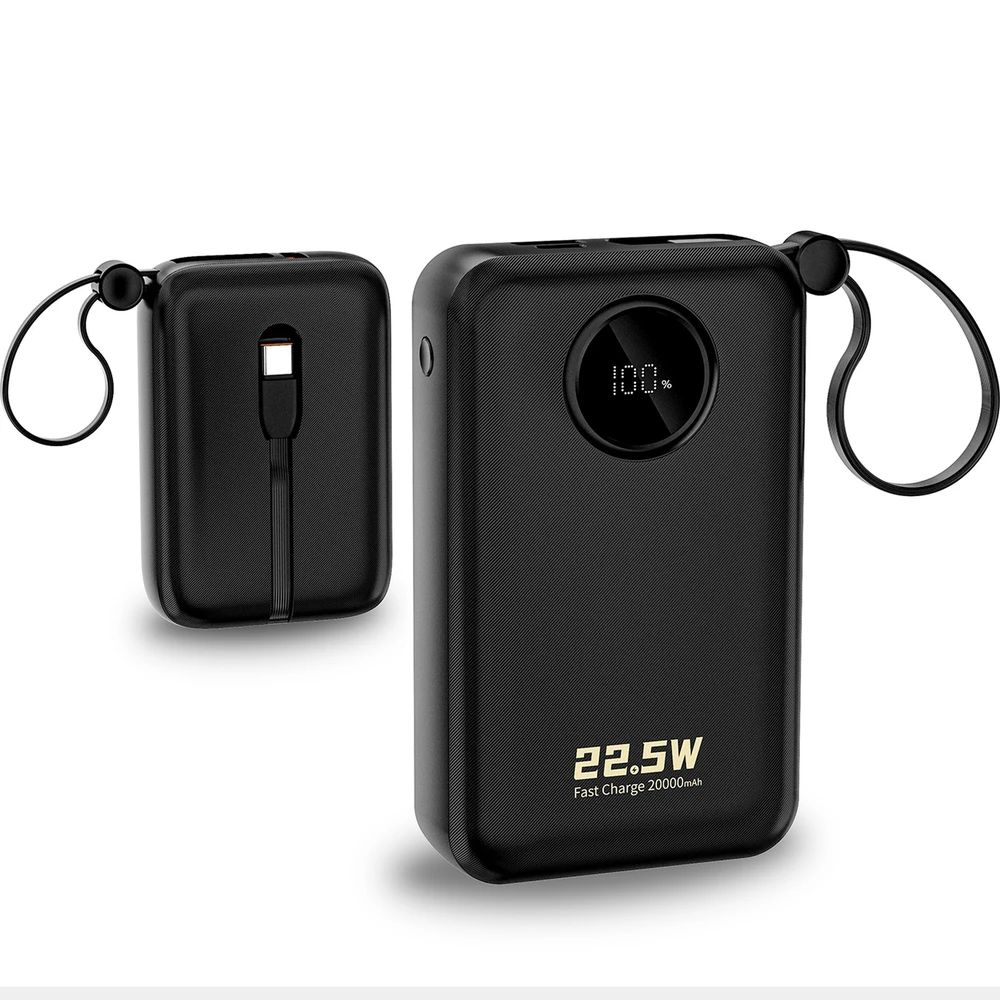Dudao K14+ išorinė baterija 20000mAh 22.5W USB-C / USB-A / integruoti „Lightning“ ir USB-C laidai – juoda