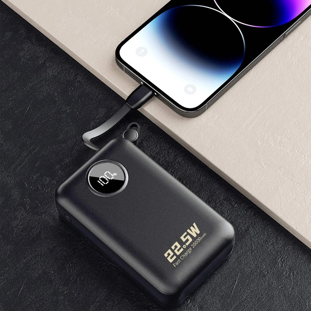 Dudao K14+ išorinė baterija 20000mAh 22.5W USB-C / USB-A / integruoti „Lightning“ ir USB-C laidai – juoda