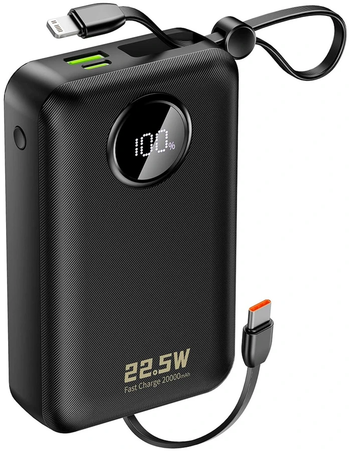 Dudao K14+ išorinė baterija 20000mAh 22.5W USB-C / USB-A / integruoti „Lightning“ ir USB-C laidai – juoda