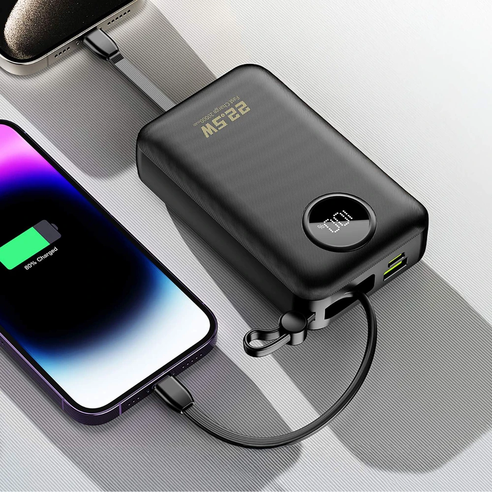 Dudao K14+ išorinė baterija 20000mAh 22.5W USB-C / USB-A / integruoti „Lightning“ ir USB-C laidai – juoda