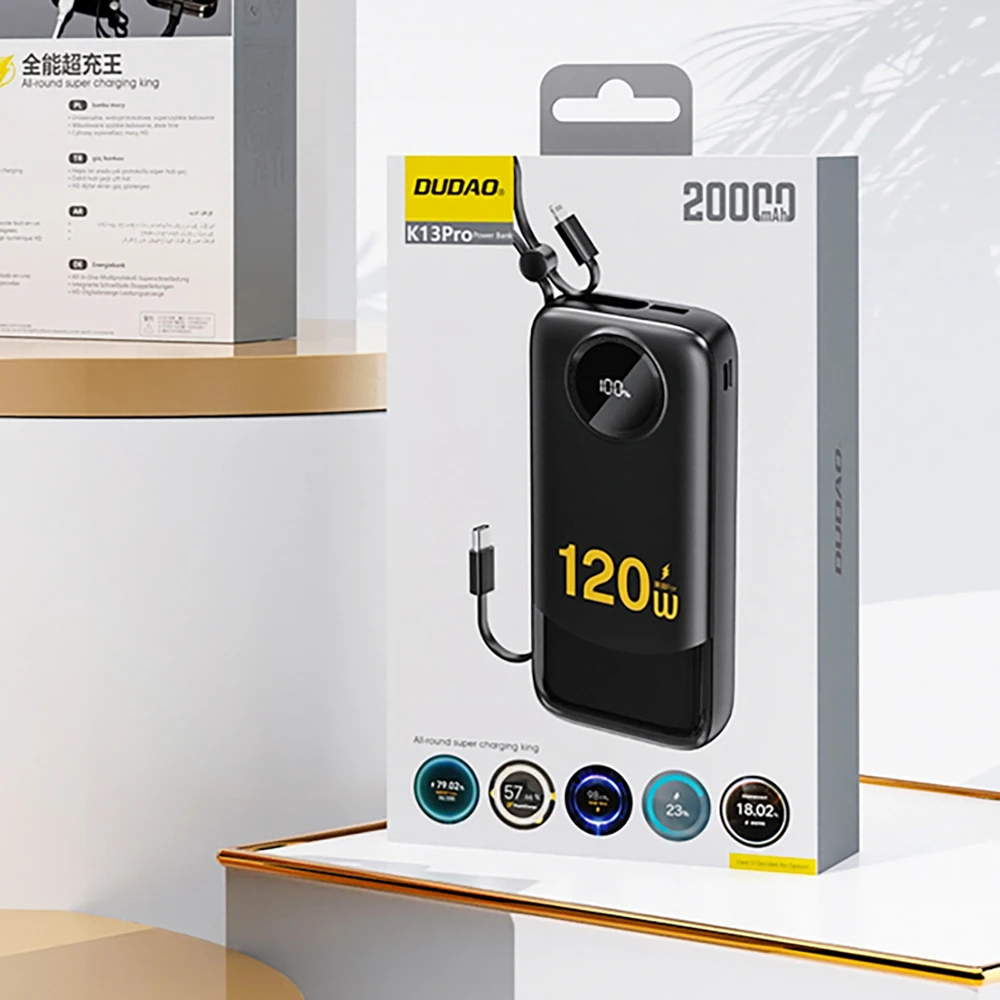 Dudao K13 10000mAh išorinė baterija su integruotu laidu - Juodas