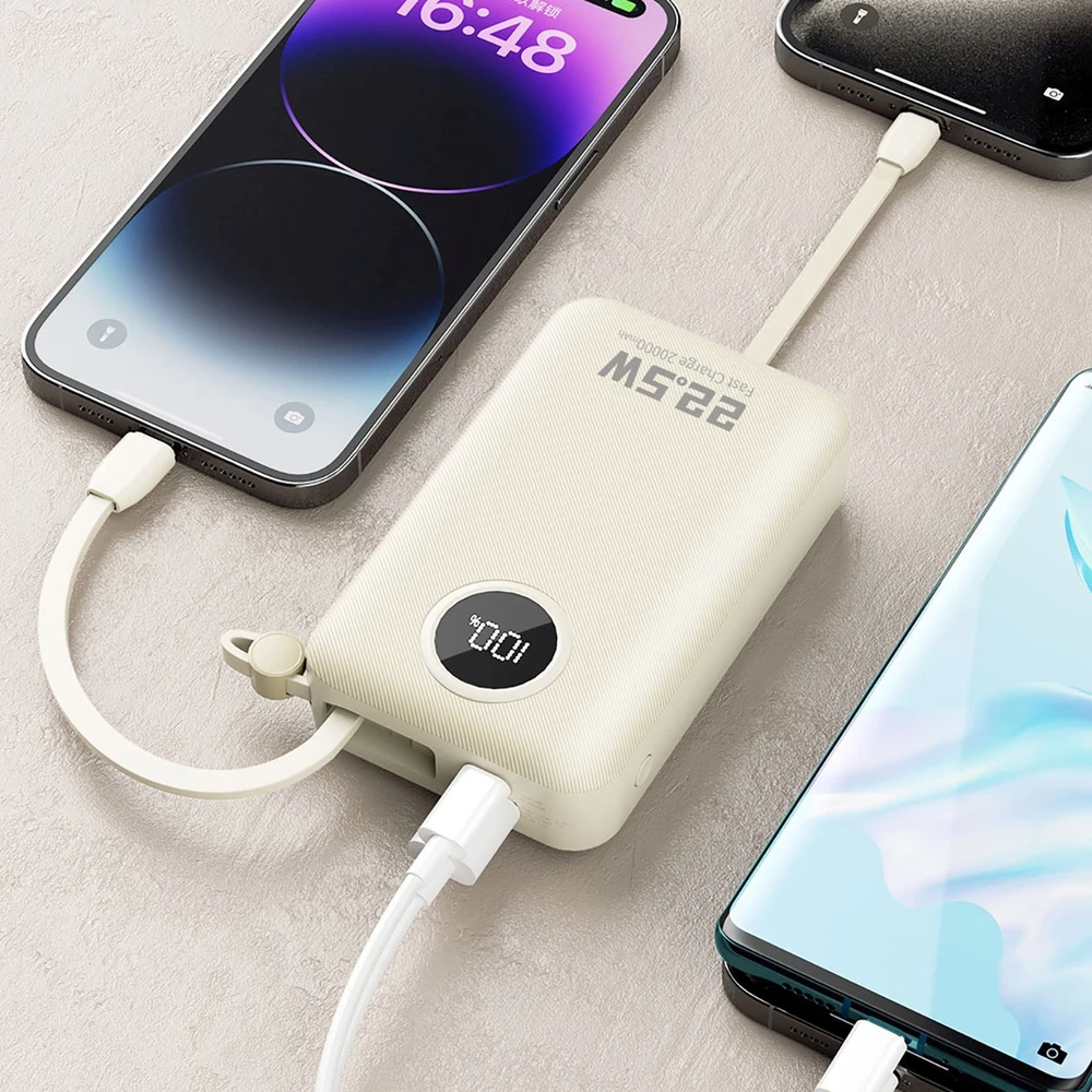 Dudao K14+ išorinė baterija 20000mAh 22.5W USB-C / USB-A / integruoti „Lightning“ ir USB-C laidai - Baltas