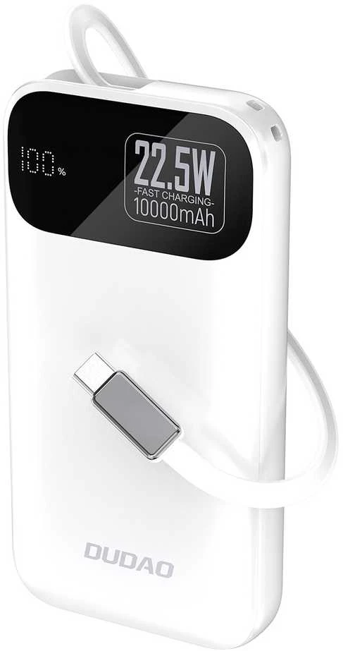 Dudao K31 10000 mAh 22.5W PD Powerbank su integruotu kabeliu – baltos spalvos