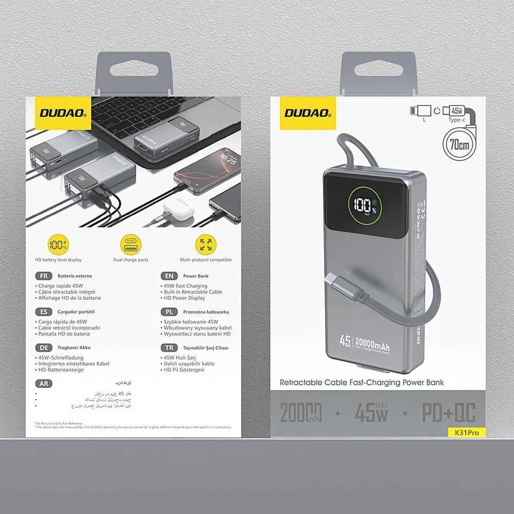 Dudao K31 Pro 45W 20000mAh išorinė baterija su įmontuotu ištraukiamu USB-C laidu – pilkos spalvos