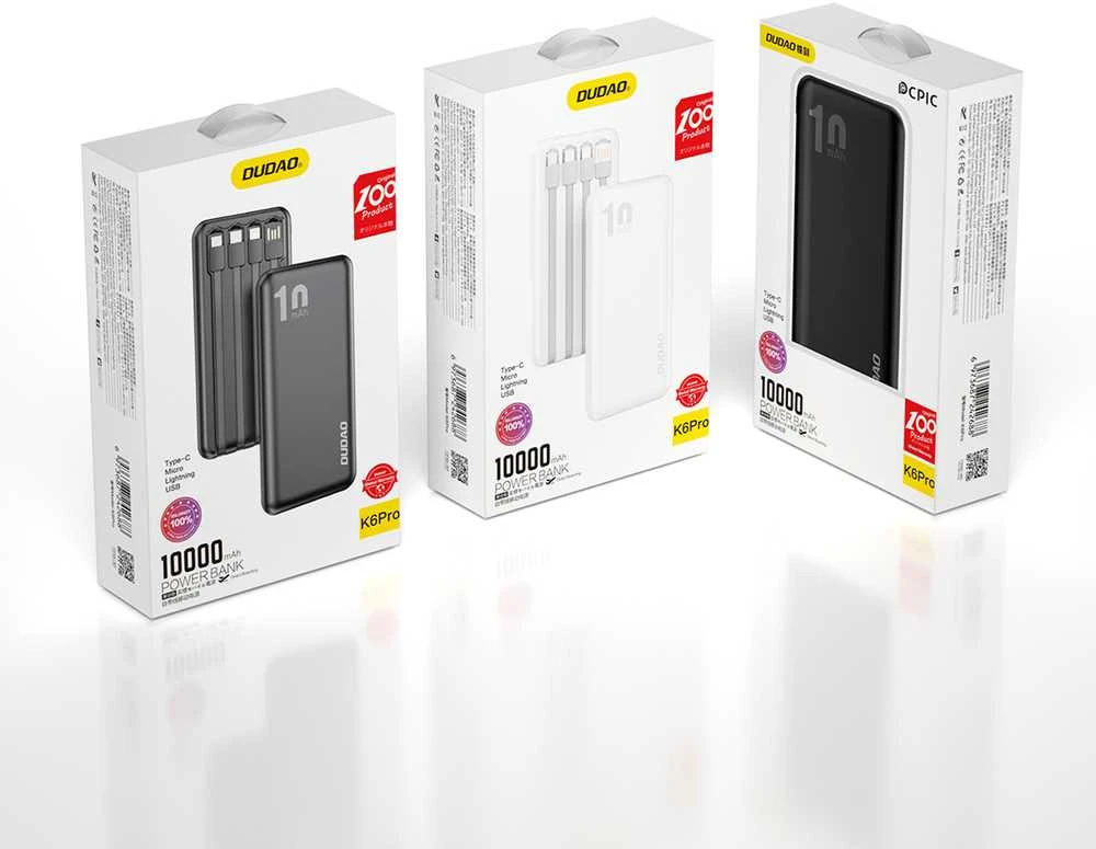 „Dudao K6Pro“ universalus 10 000 mAh maitinimo blokas su USB kabeliu, USB tipas C, žaibo juodas (K6Pro-juodas)