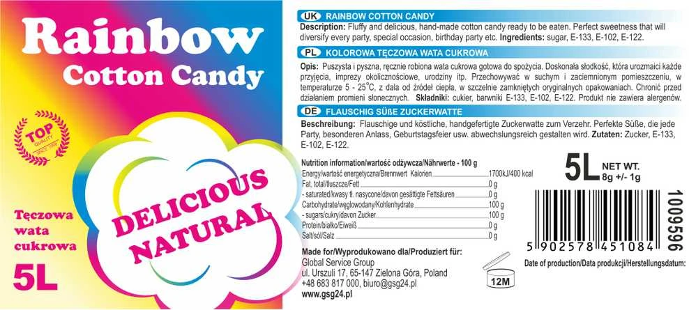 Bartpol vaivorykštinės cukraus vatos 5L pakuotės etiketė