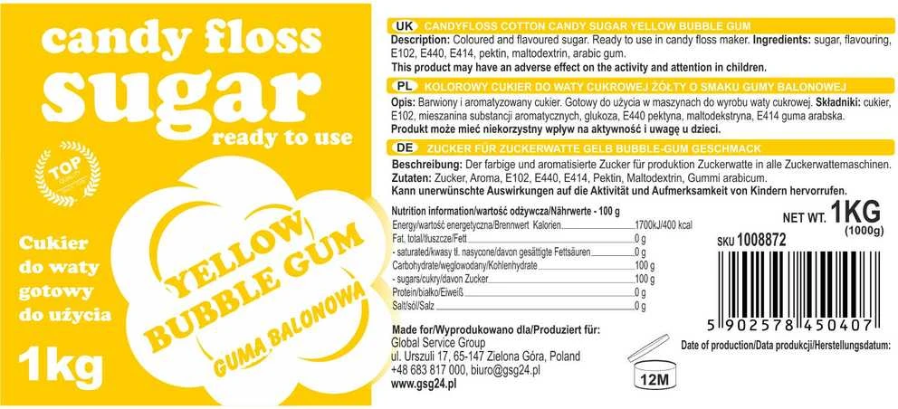Geltonos cukraus vatos cukraus pakuotės 1kg etiketė