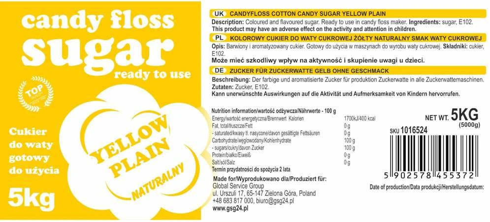 Geltonas cukrus vatai 5kg etiketė