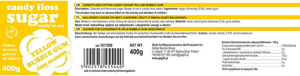 Geltono kramtomosios gumos skonio cukraus vatos etiketė