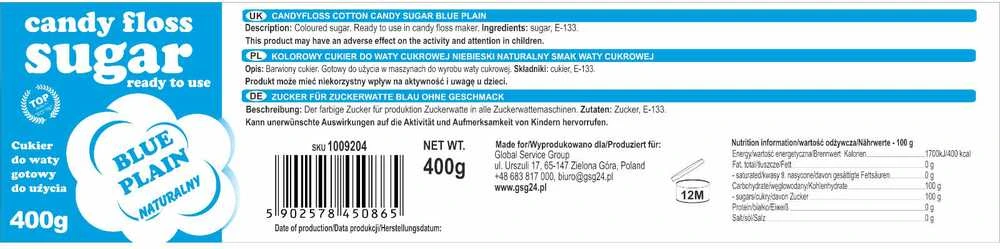 Mėlynas cukrus cukraus vatai – produkto etiketė