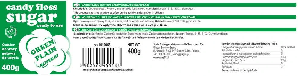 Žalias cukrus cukraus vatai – produkto etiketės vaizdas
