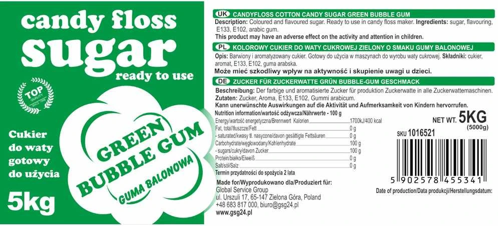 Žalias cukraus vatos mišinys 5kg su burbulinės gumos skoniu