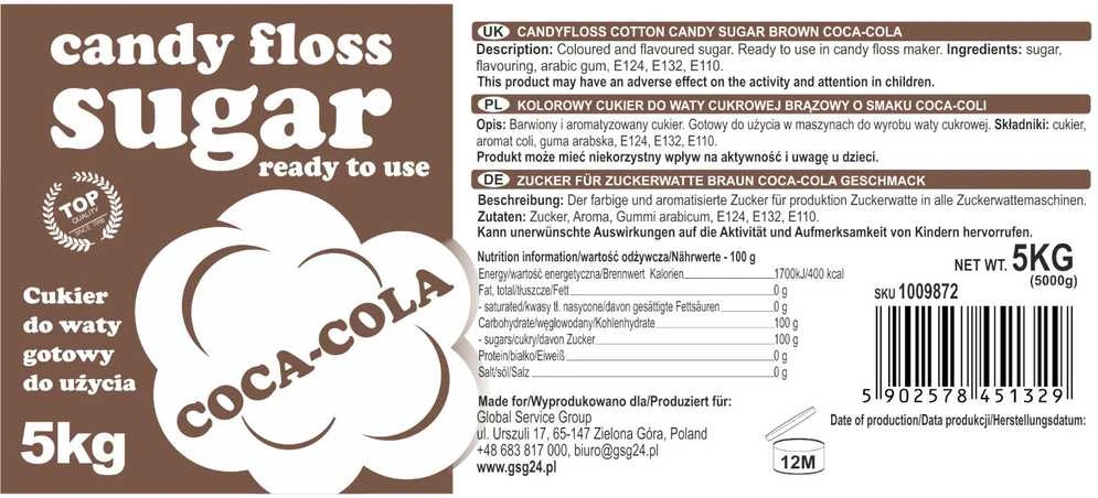 Coca-Cola skonio cukraus vatos cukraus etiketė 5kg